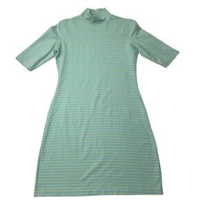 VTG 90s Y2K Isaac Womens Sz Medium Teal Yellow Striped Body Con Cling Dress